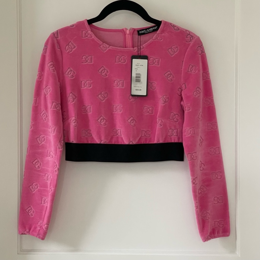 W/Tag Dolce & Gabbana Pink Velvet Logo Crop Top